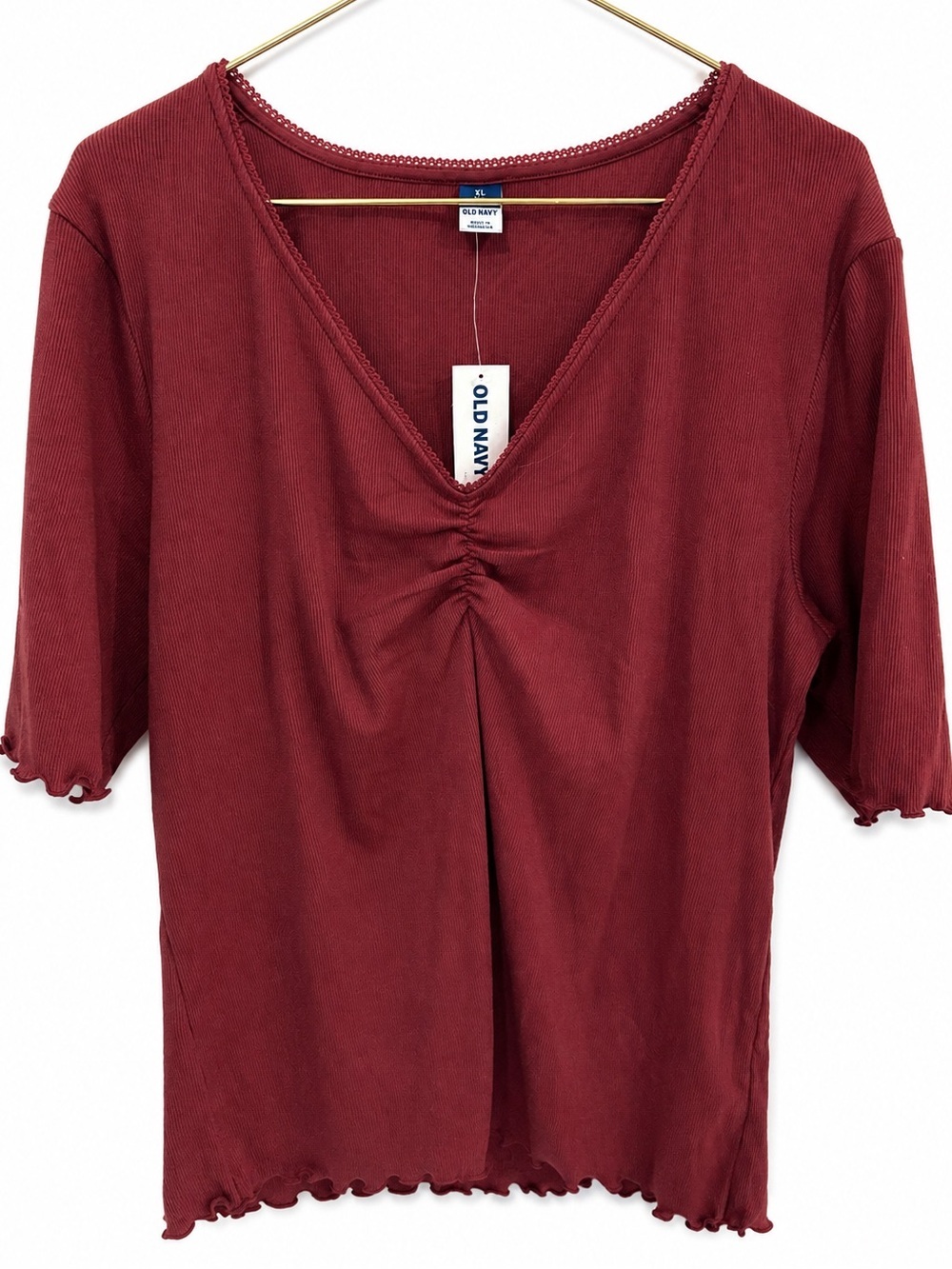🍒 OLD NAVY NWT Ruched Rib Knit Lettuce Hem Top Burgundy Red Y2K Fitted Sz XL
